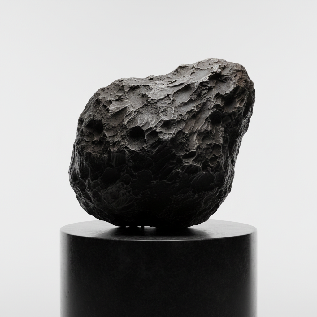 A meteor that has been melted on entry, cooled off, with a rough, gritty surface, sitting on a pedestal with a white backdrop, in the moody lighting style of the anvil image above. No orange glow or heat effects, just dark and textured.