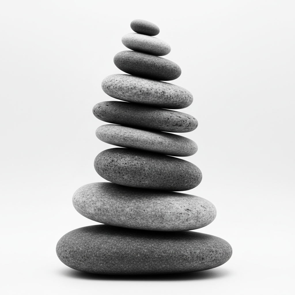 a stack of balanced rocks with upright formation, each rock varying in width and shape for visual balance, grayscale color palette, empty background, artistic and plausible arrangement