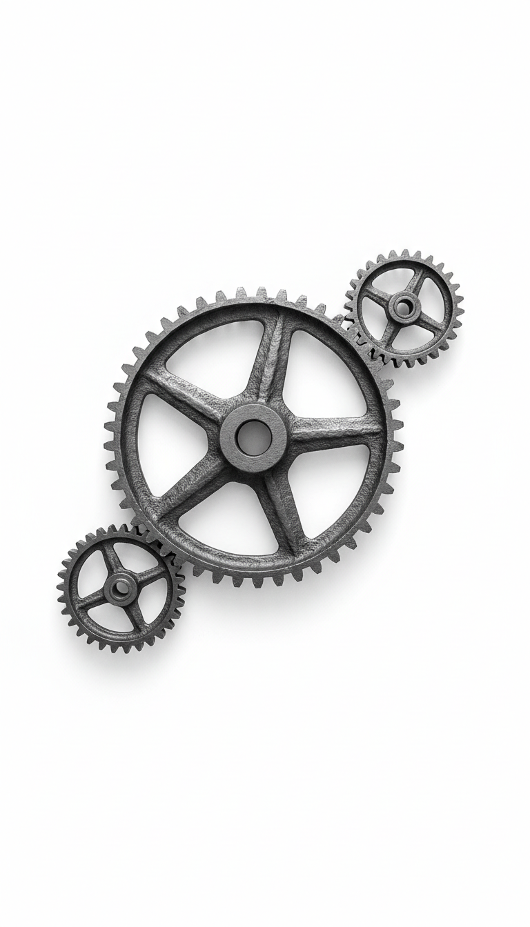 three large wrought iron gears in grey scale, minimalist empty background, composition suitable for architectural or industrial theme
