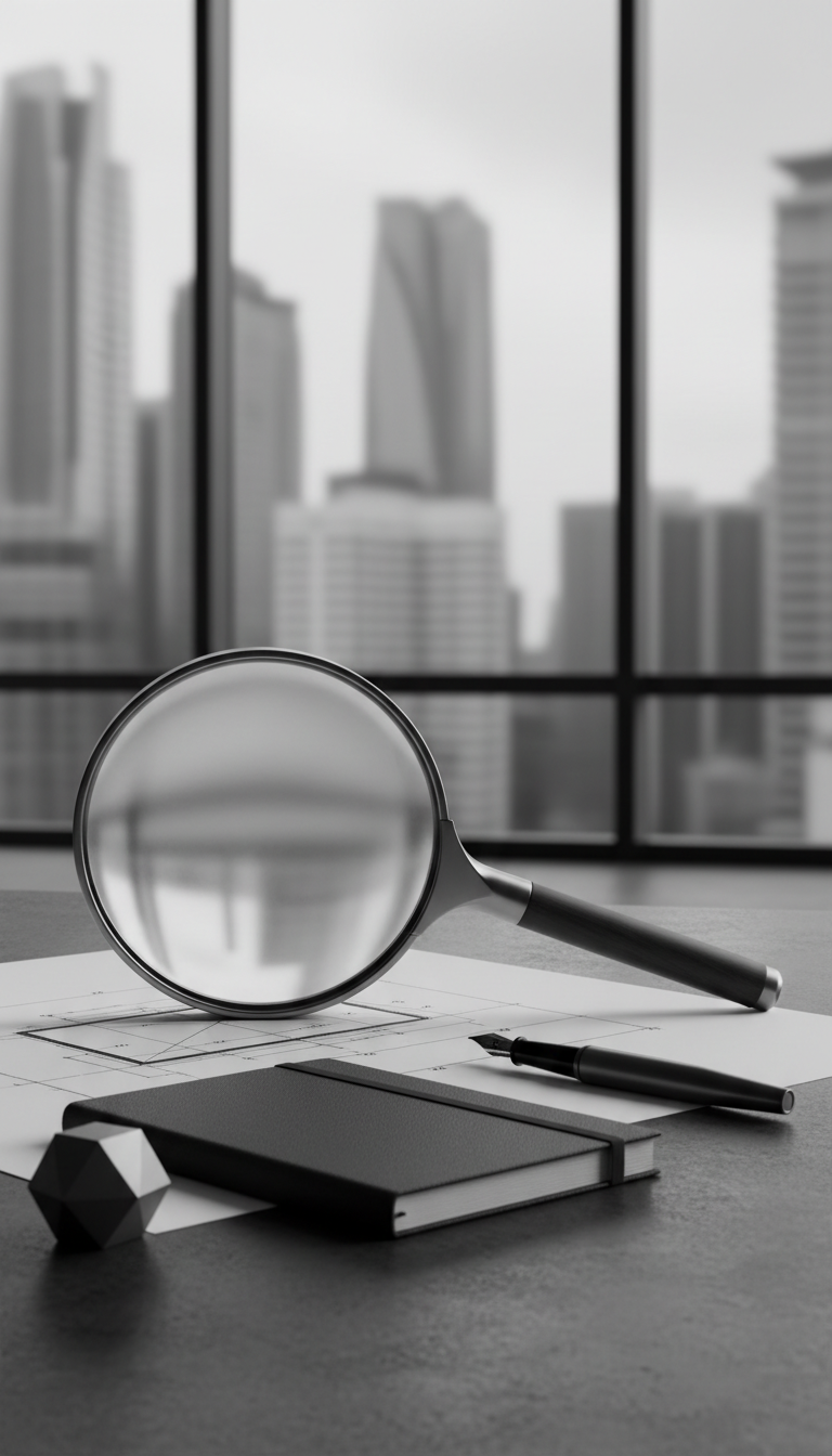 a modern, photo-realistic black and white (greyscale) image of a magnifying glass on a desk, with a masculine and contemporary tone, no quill or vintage elements