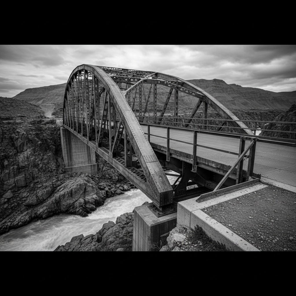 a rugged metal bridge in greyscale