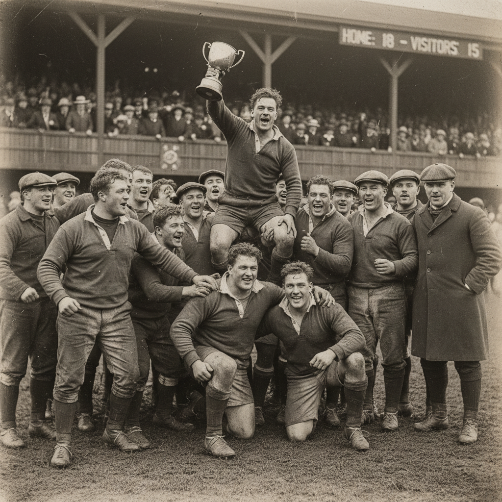 rugby players celebrating a win, old-timey style, greyscale