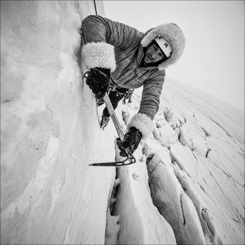 Climber ascending a near-vertical glacier using an icepick, one hand gripping the handle with a winter glove that has extra fluffy white fur at the cuff, dramatic perspective showing the climber’s weight supported in the act of climbing, no disembodied hands, entire upper body visible, image in greyscale.
