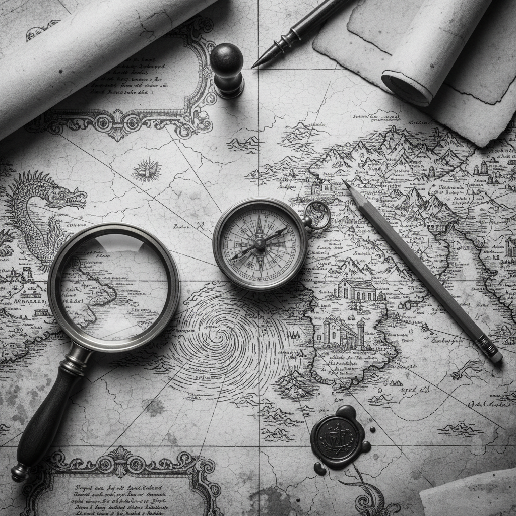 A sophisticated, mature, top-down view of an old explorer's map in greyscale, with a compass, pencil, and magnifying glass arranged thoughtfully on the map. Emphasize a sense of discovery for an adult audience, using understated details and classic exploration aesthetics. No hands or people present.