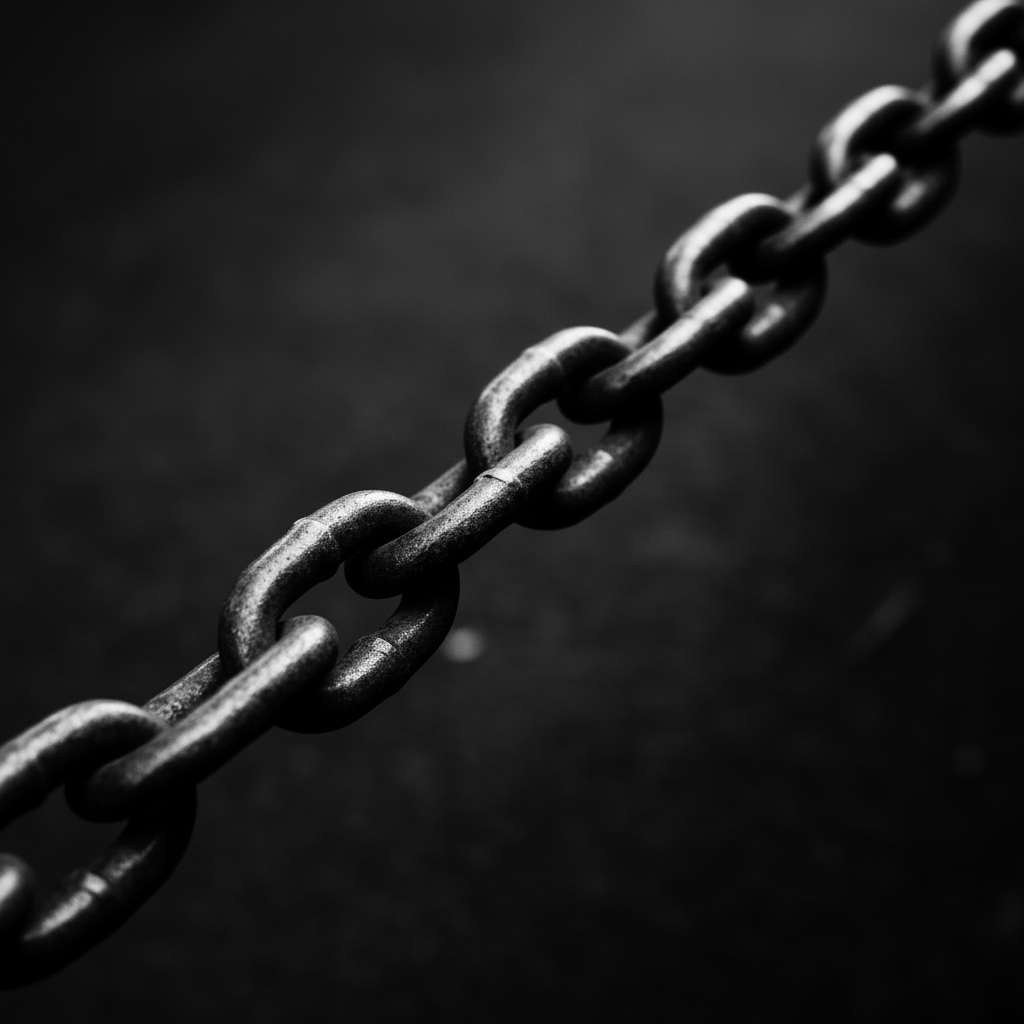 a rugged iron chain pulled taut, with a blurry black background, in greyscale. The chain should look strong, weathered, and gritty, evoking toughness and resilience.