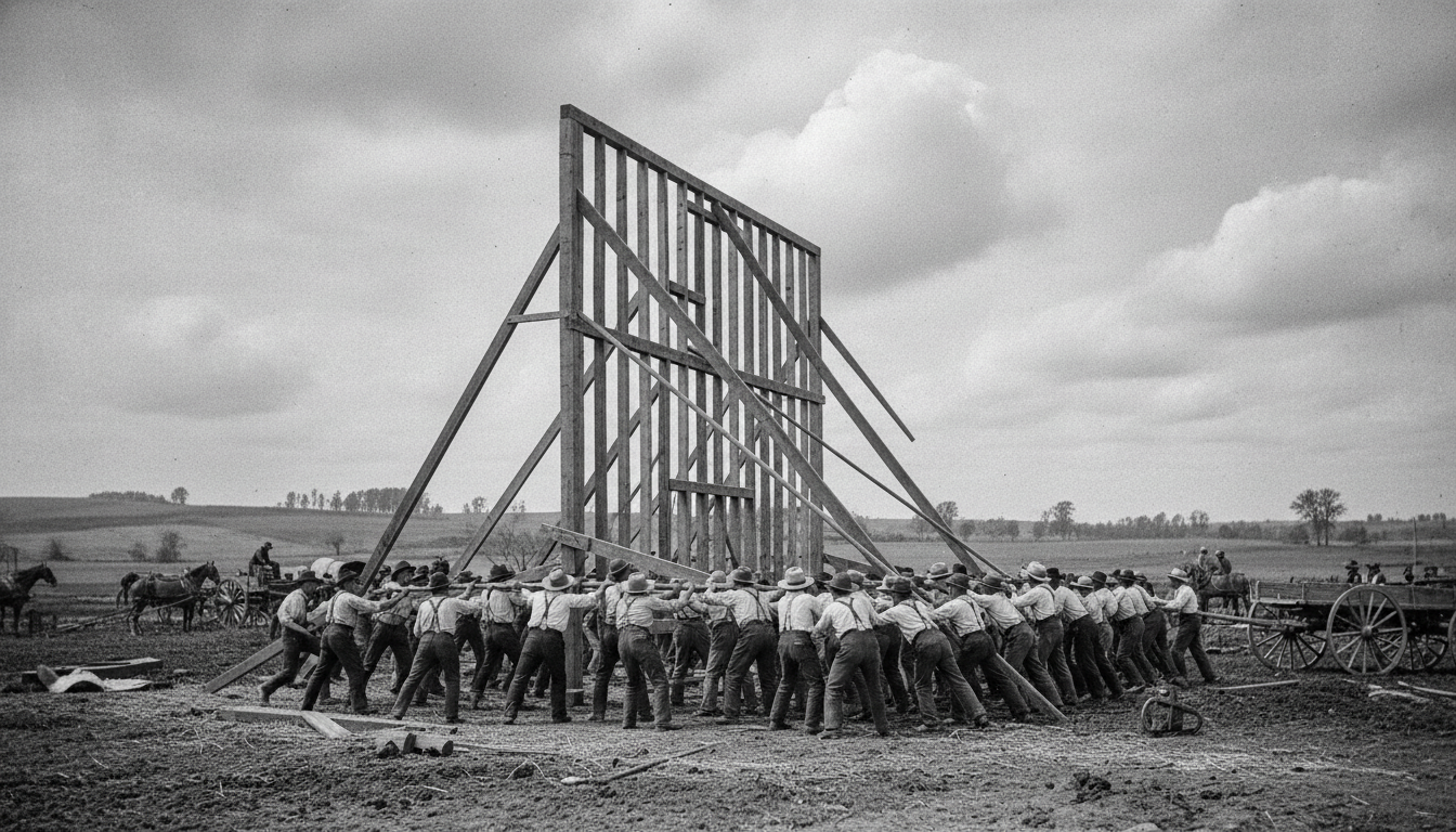 grayscale barn raising with men cooperatively lifting barn frame