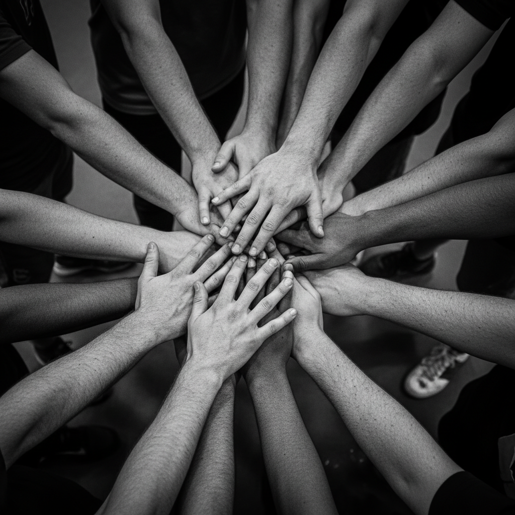 greyscale photo of team huddle hands from above