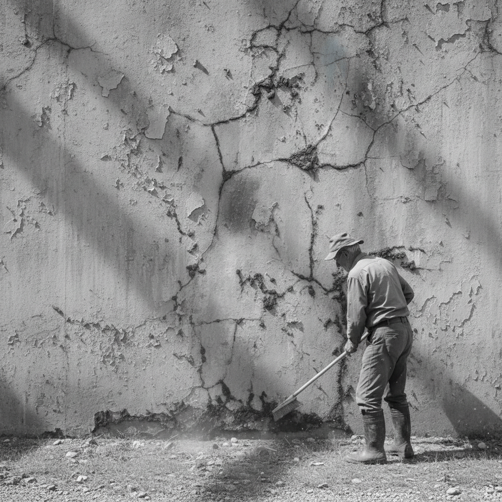grayscale photo of a groundskeeper at work