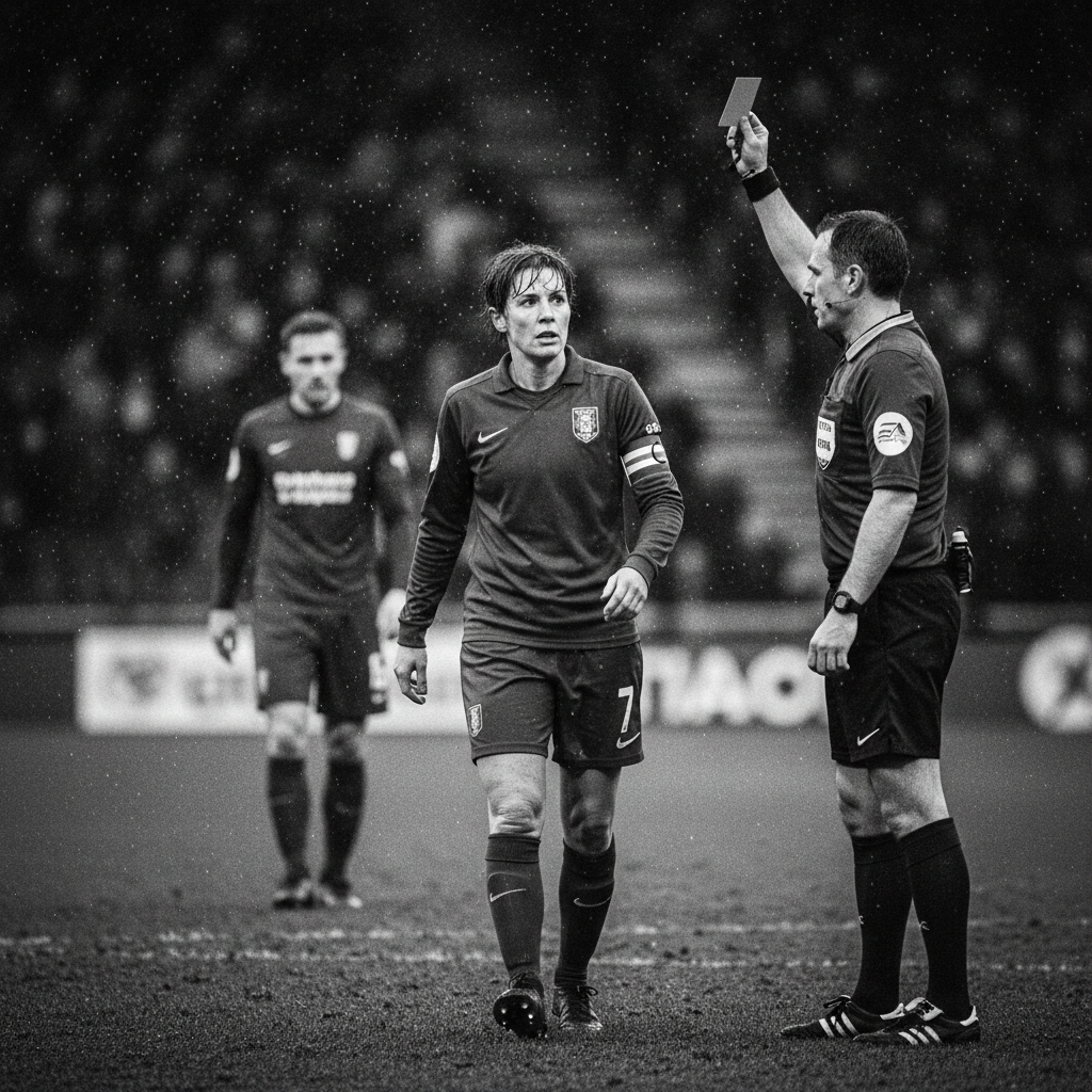 grayscale team captain stepping toward referee, teammate behind