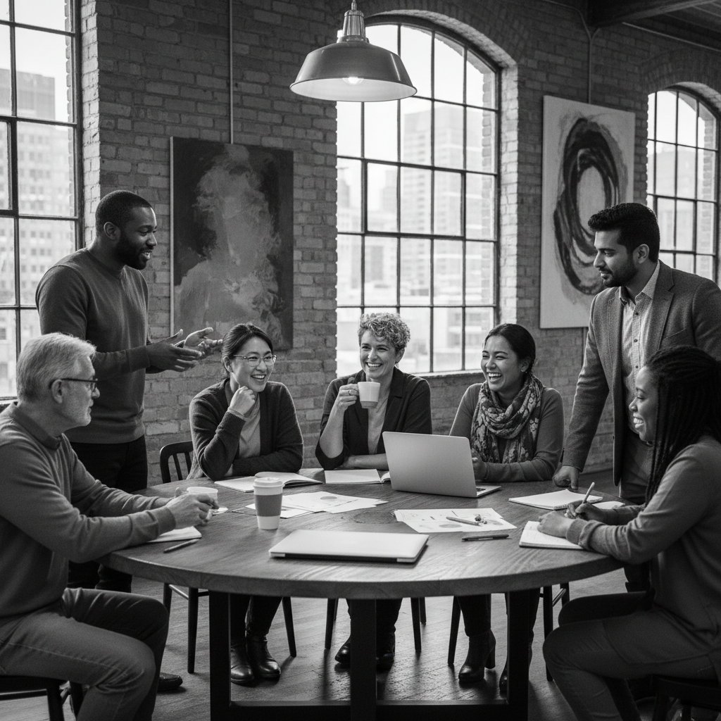 grayscale diverse group around table, multiple races, mixed genders
