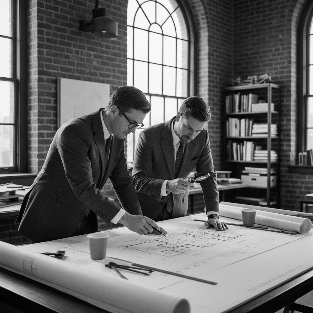 two men reviewing plans at desk, greyscale