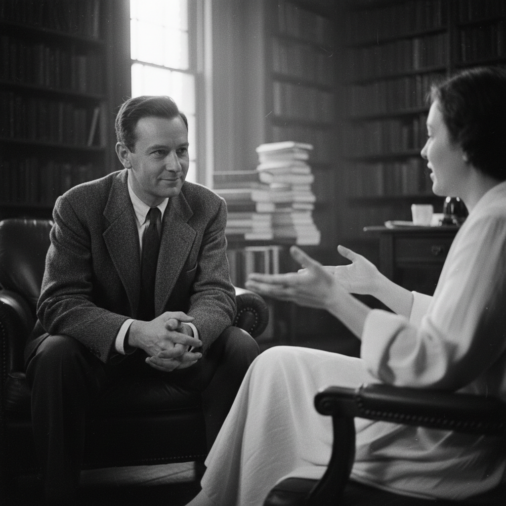 greyscale man listening while another person explains, open posture