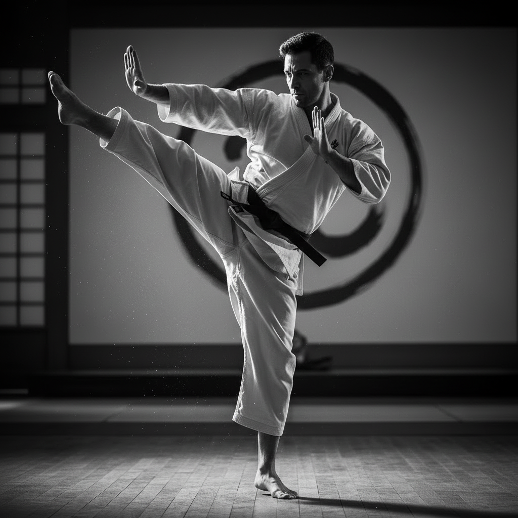 grayscale martial artist mid-pose, Bruce Lee-like focus