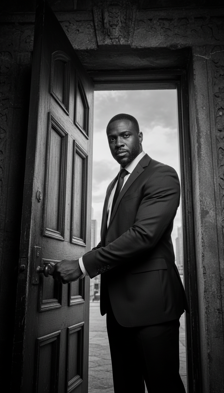 grayscale minority man holding a door open, assertive presence