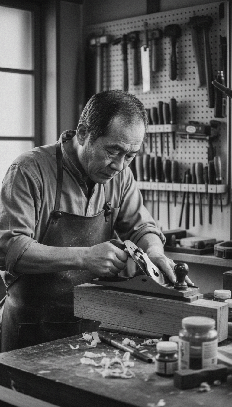 Minority tradesman carefully sharpening and maintaining his own tool, grayscale