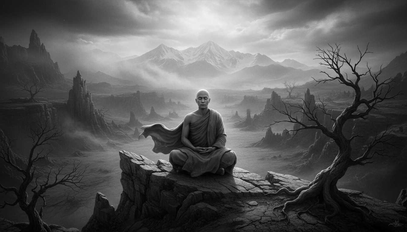grayscale monk meditating in harsh outdoor environment