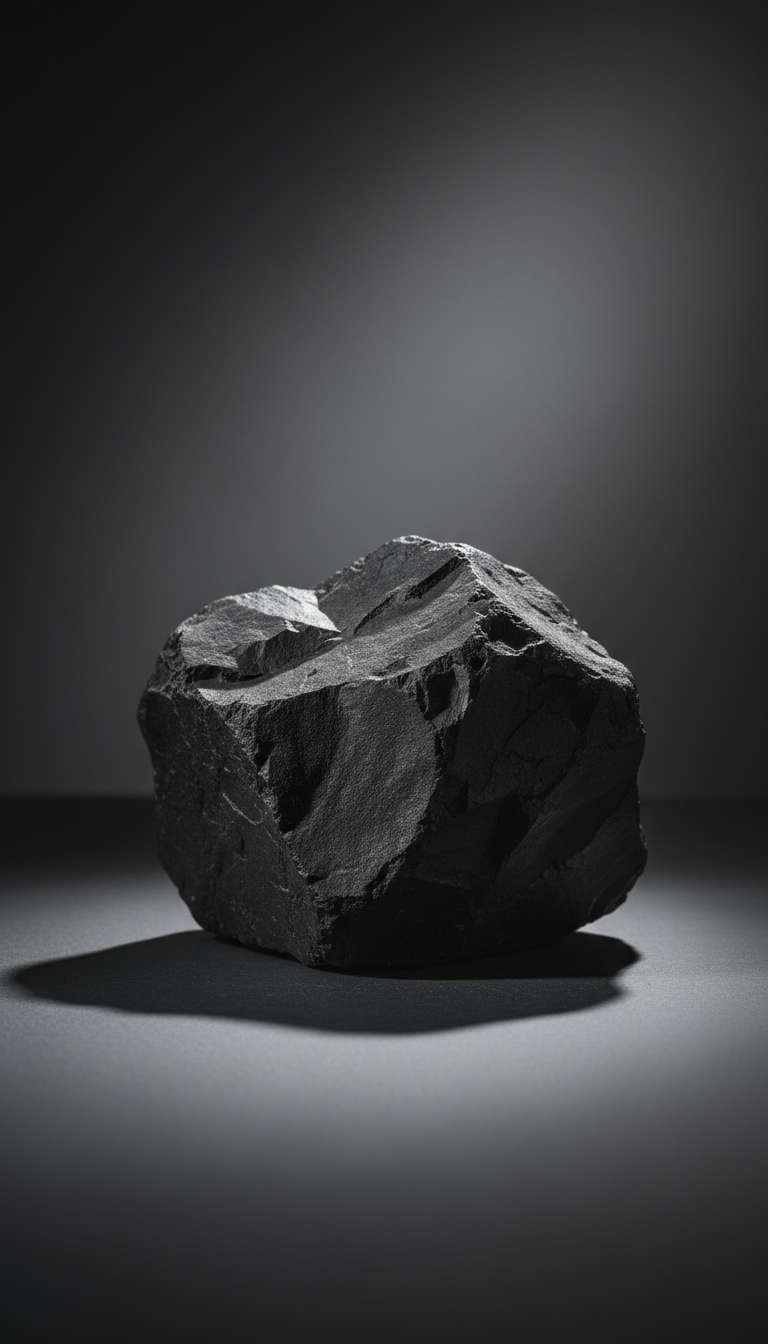 A rugged, matte black basalt boulder with sharply chiseled facets and subtle texture, positioned atop a smooth, seamless slate surface in an otherwise empty space. Dramatic directional lighting from the left creates crisp, geometric shadows and highlights the rock’s bold edges. The minimalist background fades into a soft, out-of-focus gradient, maximizing focus on the stone’s strength and solidity. Shot from a slightly low, eye-level angle for a commanding, grounded presence, with a strong sense of depth and edge detail. The mood is bold and empowered, perfectly reflecting the site’s mission of strength and integration. The photographic realism and clean, high-impact visual power reinforce the theme of robust masculine development.