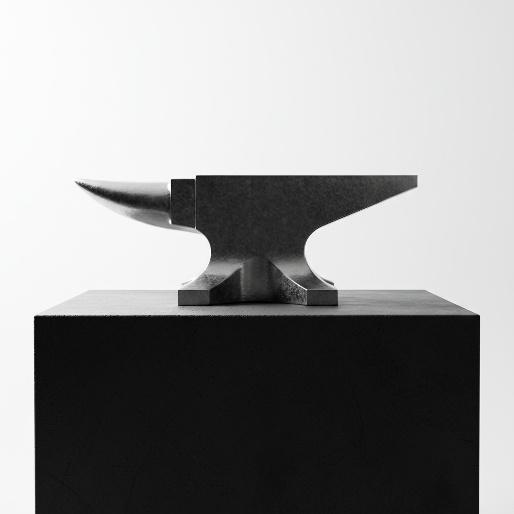 A polished steel anvil with precise, angular lines and a gleaming surface, resting on a wide, jet-black concrete pedestal in a studio setting. Harsh, white studio lights from one side create razor-sharp shadows, casting the anvil in stark contrast against a pure, uncluttered background. Subtle reflections glint across the metal, highlighting its durability and strength. Framed in a tight, centered composition at mid-height, the image emphasizes the anvil’s weight and resilience. The mood is unwavering and dynamic, with minimalist surroundings to accentuate the focus on enduring masculine qualities. Photographic clarity and bold lighting capture the site’s scientifically-based, unapologetic approach to personal development.